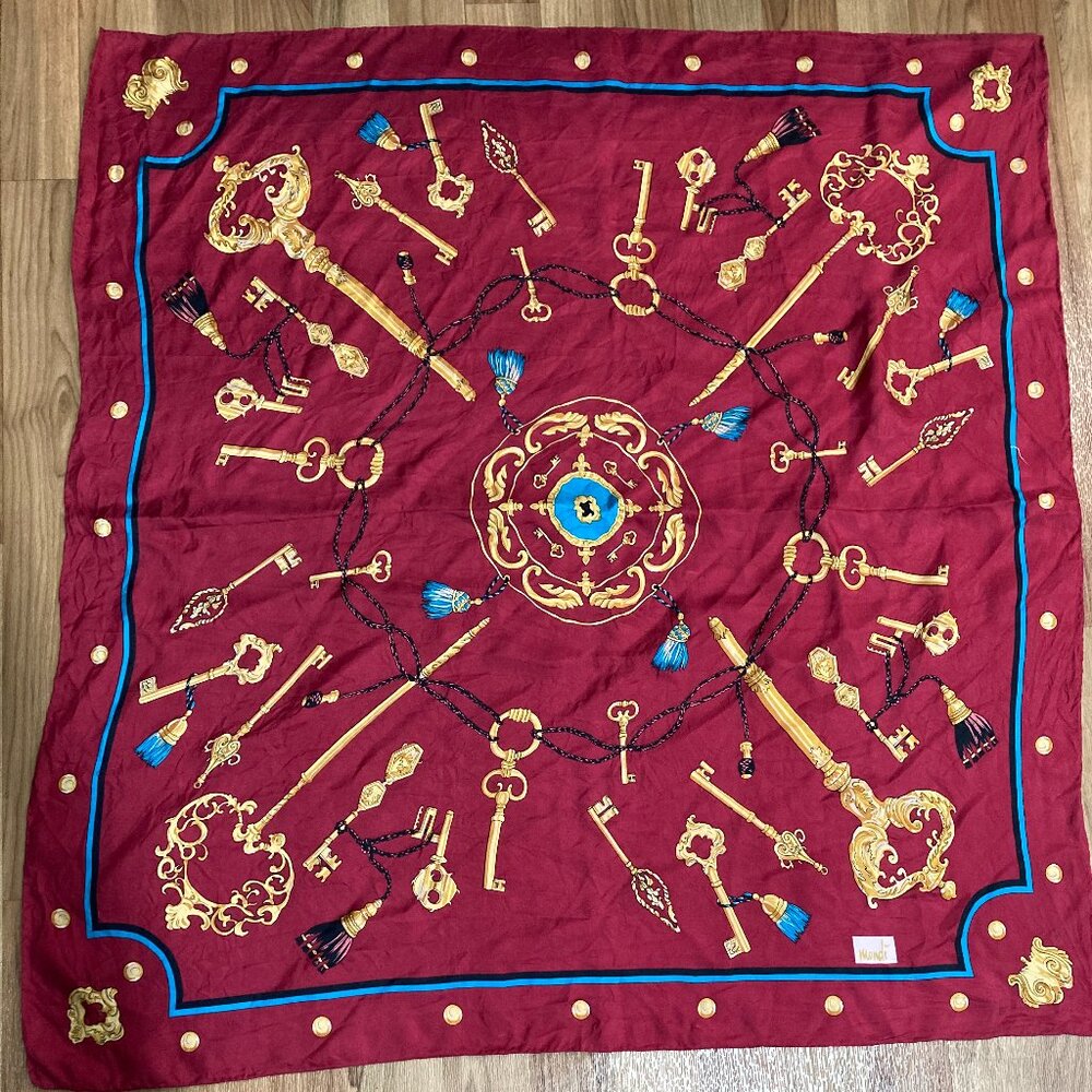 MONDI Vintage Scarf Shawl Keys print 35" x 33" Red Lightweight Silk?